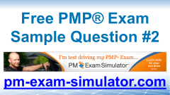 PMP Sample Question 02 displayed on a study guide graphic