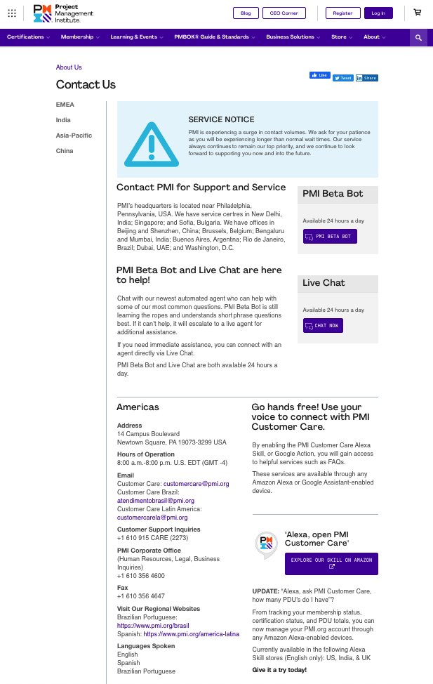 PMI website Contact page 