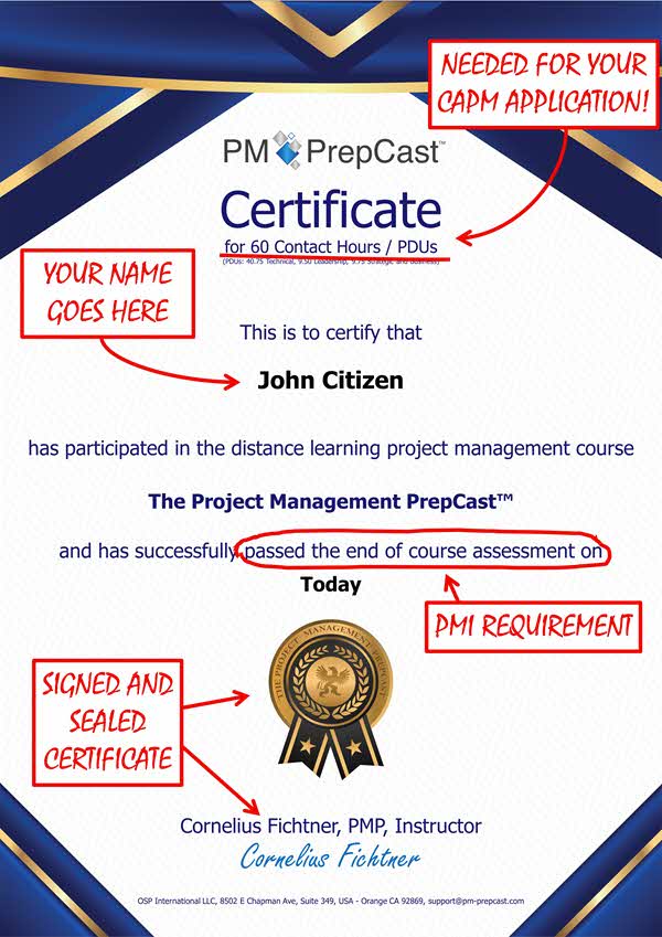 PM PrepCast Certificate for CAPM certificate