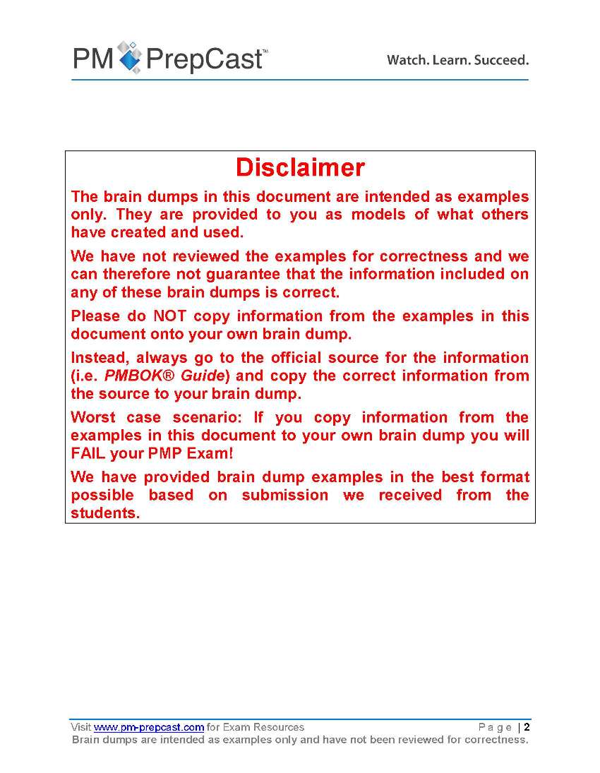 PMP Exam Prep Essentials Brain Dump Examples Page
