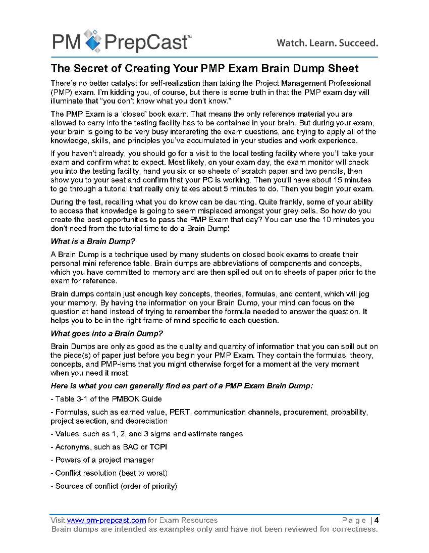 PMP Exam Prep Essentials Brain Dump Examples Page
