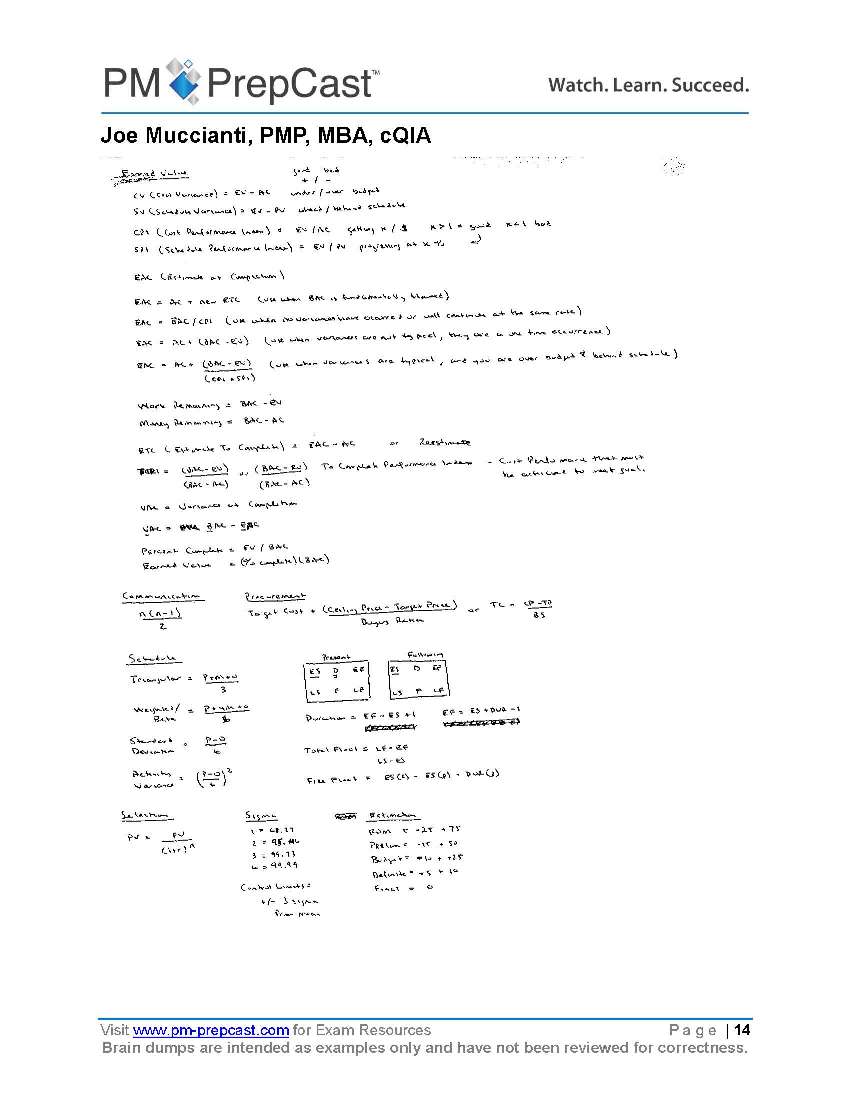 PMP Exam Prep Essentials Brain Dump Examples Page