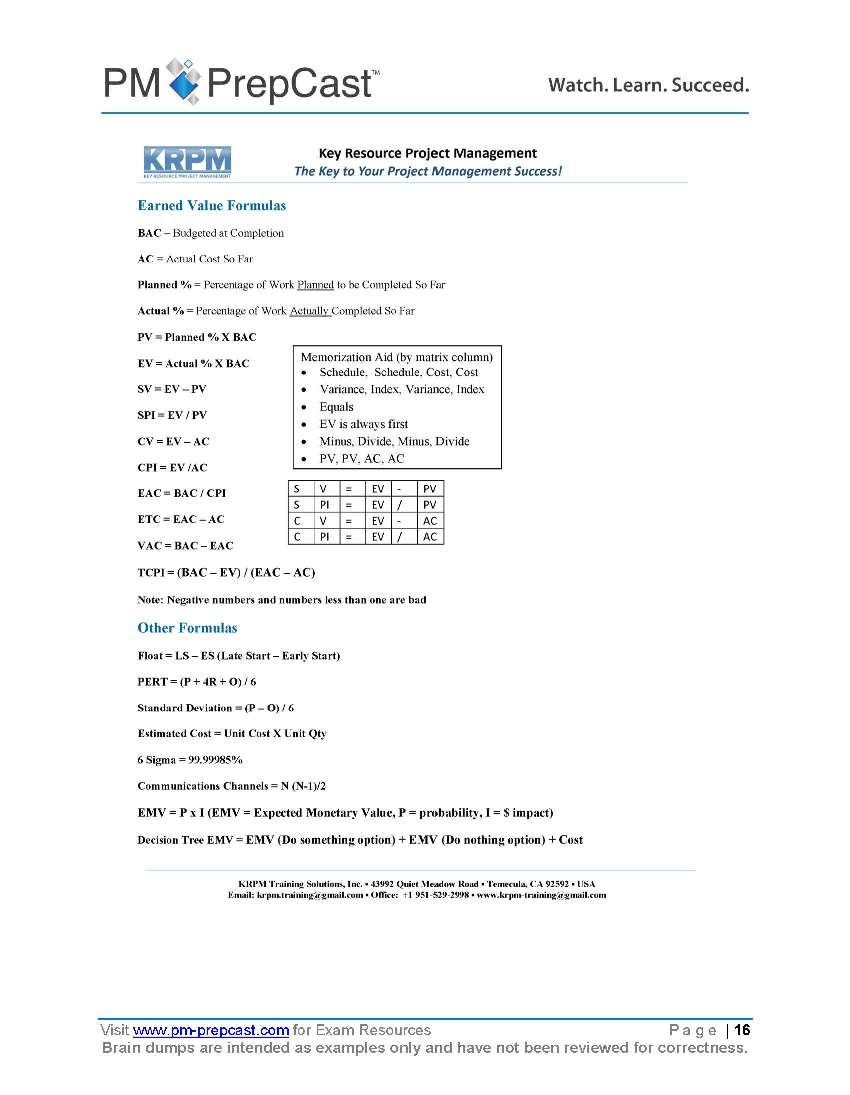 PMP Exam Prep Essentials Brain Dump Examples Page