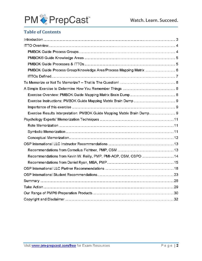 PMP Exam ITTO Memory Jogger Page