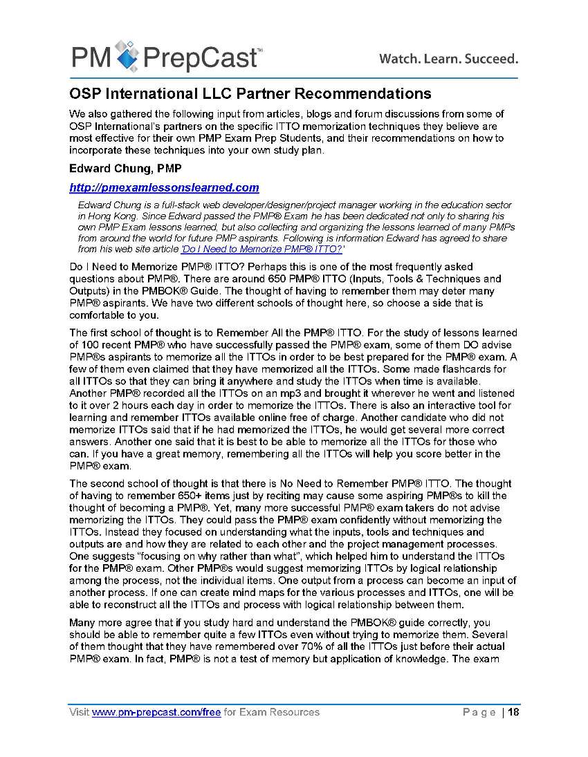 PMP Exam ITTO Memory Jogger Page