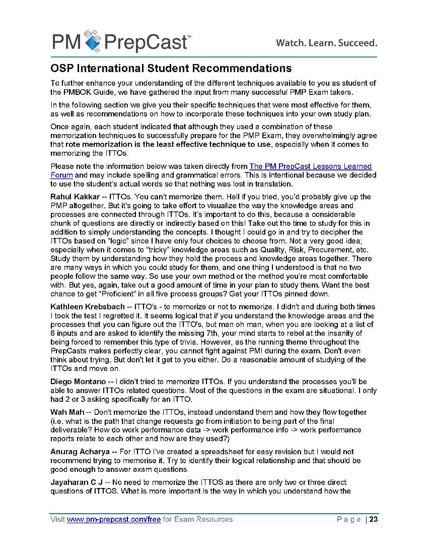 PMP Exam ITTO Memory Jogger Page